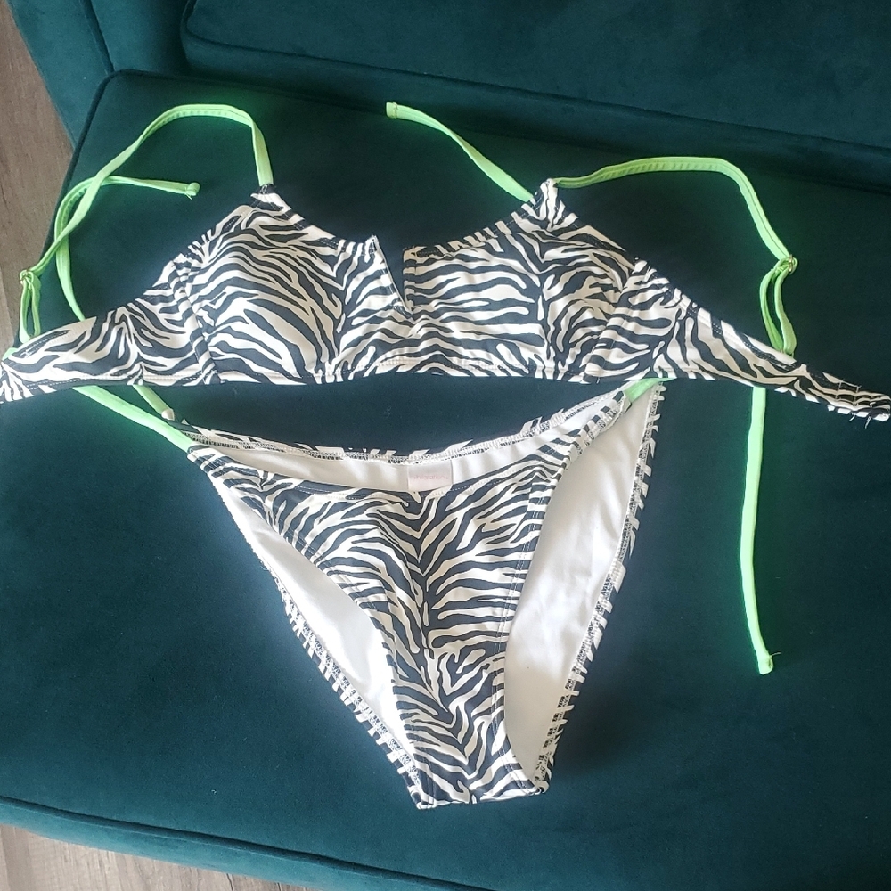 Xhilaration Zebra Print Bikini with Bright Green Accents